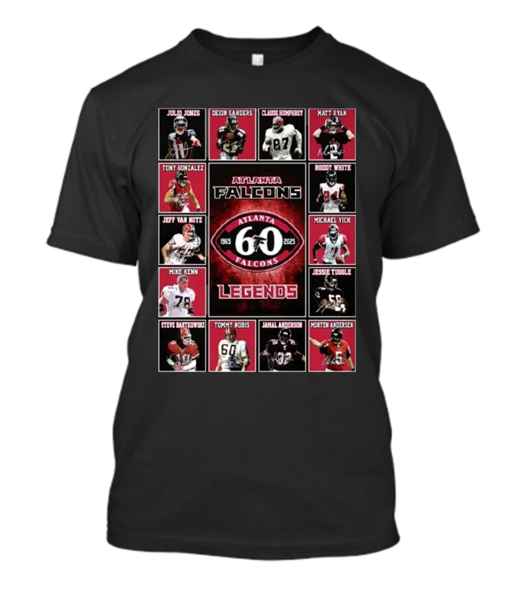 Atlanta Falcons 1965-2025 60 Year Legends Julio Jones Deion Sanders Tony Gonzalez Michael Vick Matt Ryan Jessie Tuggle T-Shirt