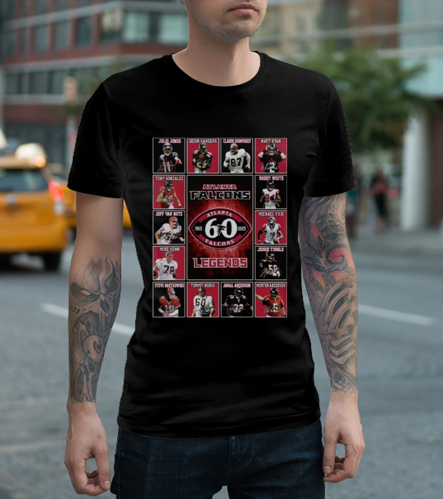 Atlanta Falcons 1965-2025 60 Year Legends Julio Jones Deion Sanders Tony Gonzalez Michael Vick Matt Ryan Jessie Tuggle T-Shirt