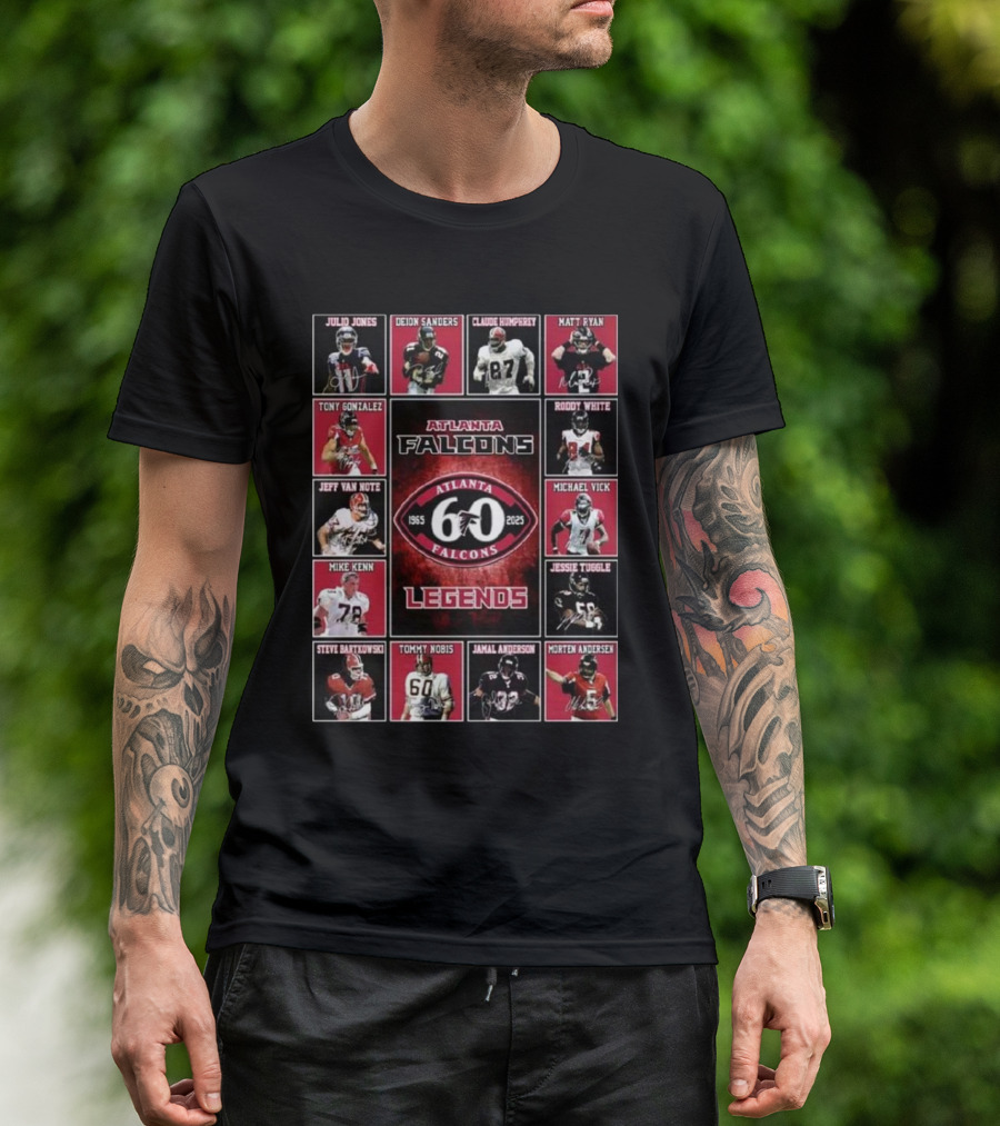Atlanta Falcons 1965-2025 60 Year Legends Julio Jones Deion Sanders Tony Gonzalez Michael Vick Matt Ryan Jessie Tuggle T-Shirt