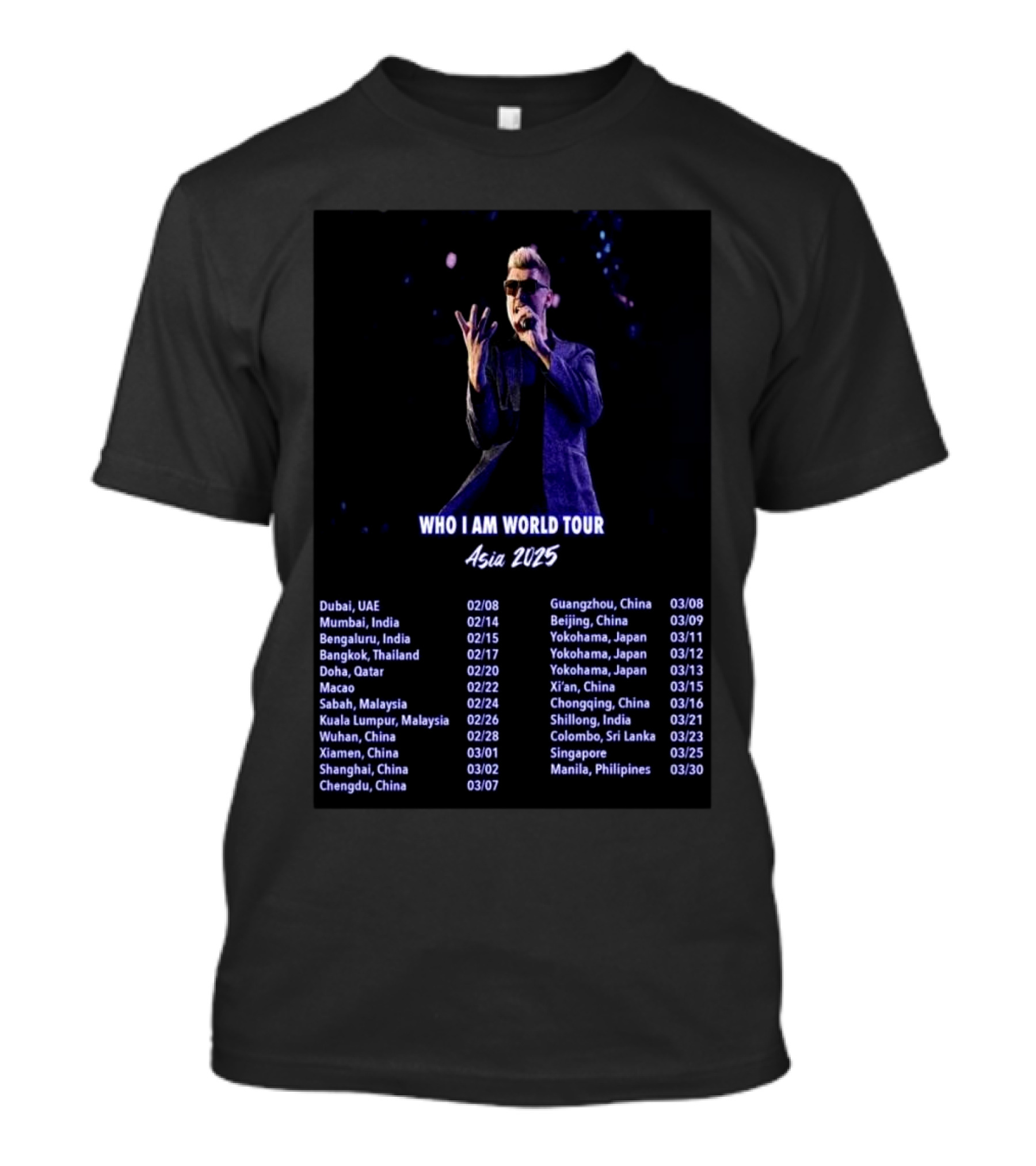 Nick Carter Who I Am World Tour Asia 2025 Concert Dates Dubai Mumbai Beijing Tokyo Manila T-Shirt