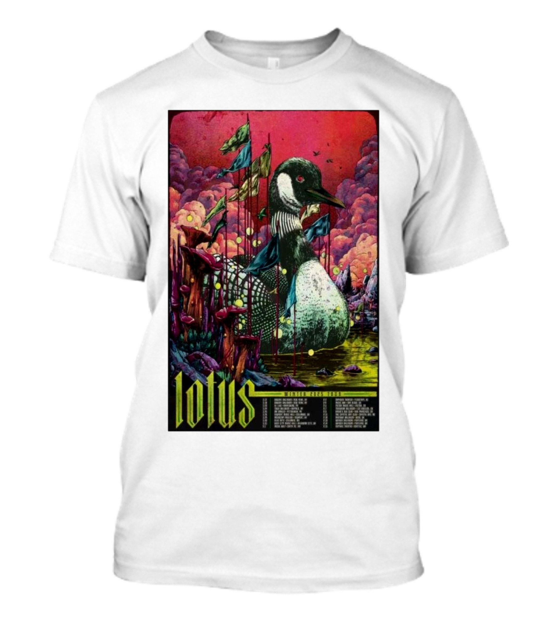 Lotus Tour Winter 2025 Surreal Nature Scene With Flags And Loon T-Shirt