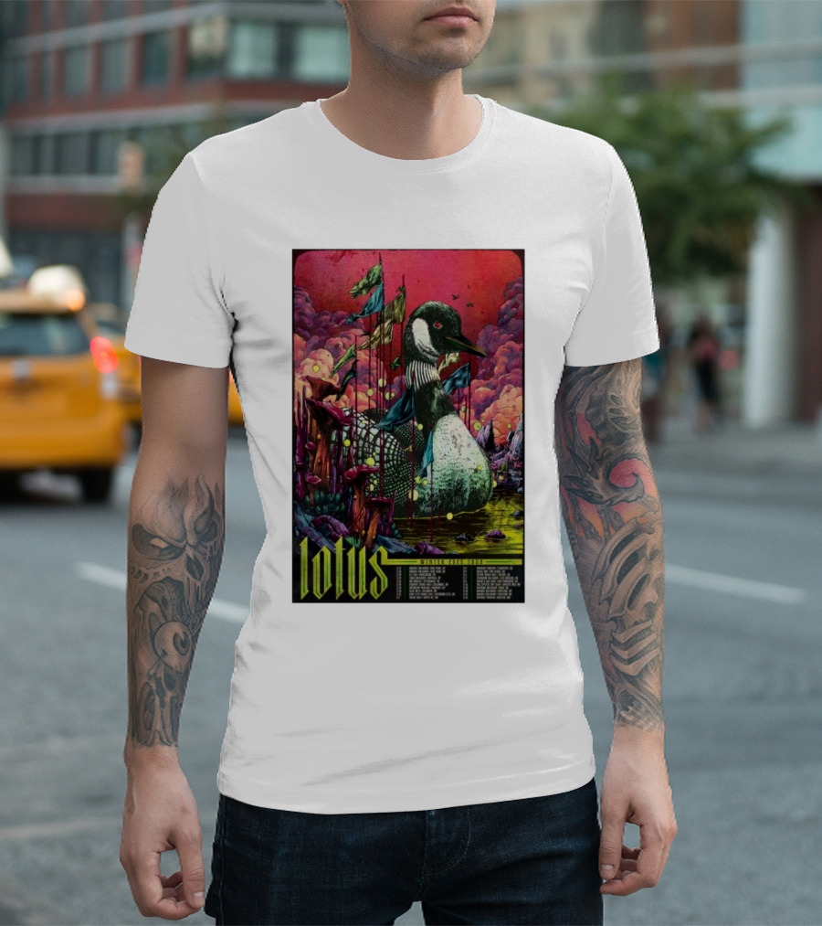 Lotus Tour Winter 2025 Surreal Nature Scene With Flags And Loon T-Shirt