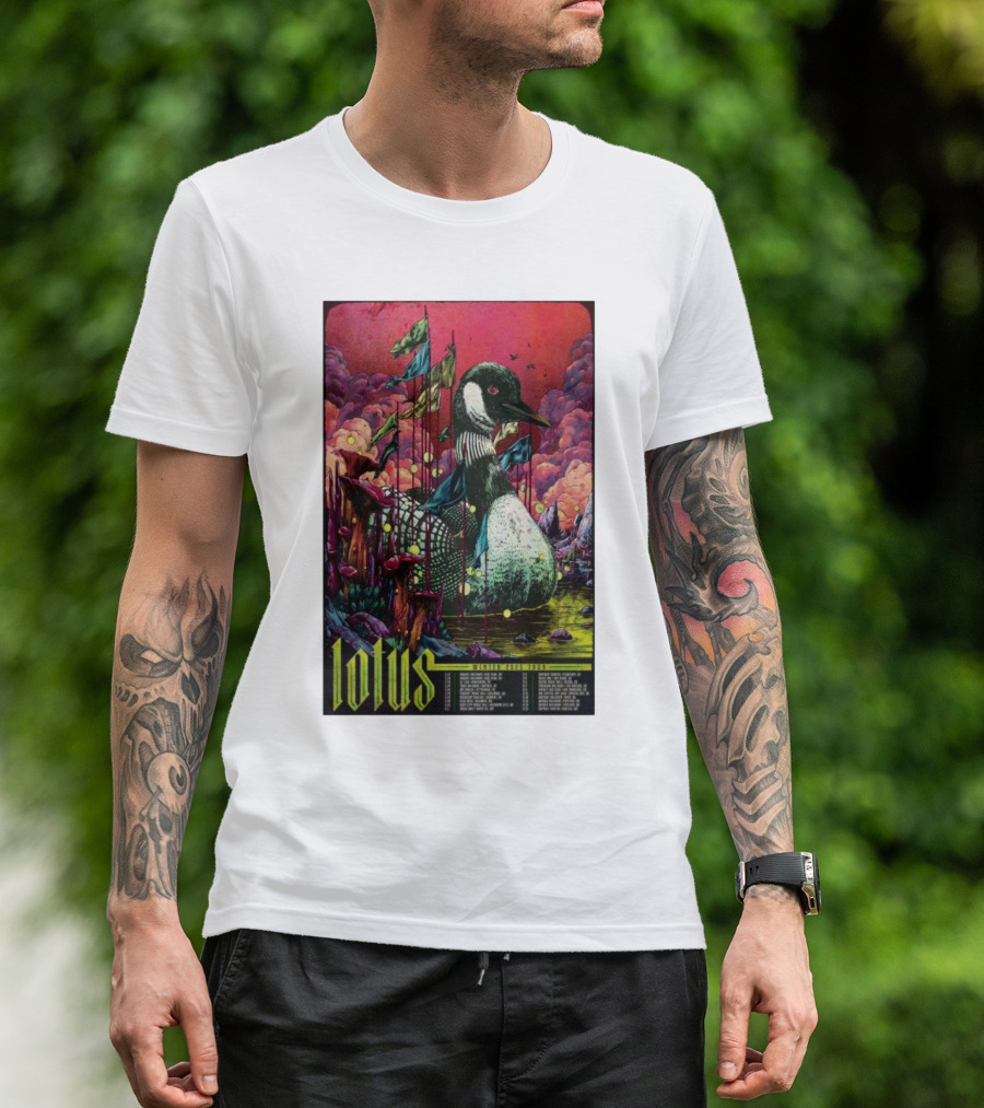 Lotus Tour Winter 2025 Surreal Nature Scene With Flags And Loon T-Shirt
