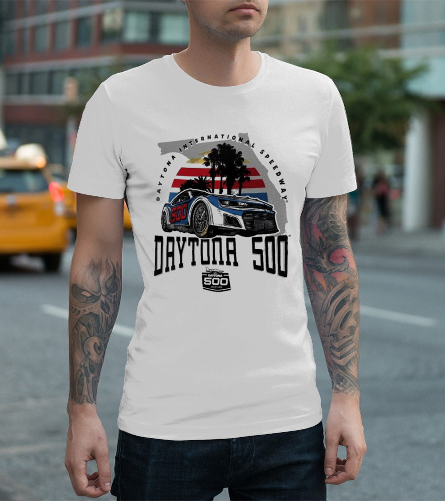 Daytona 500 Daytona International Speedway 2025 Racing Car Graphic with Palm Trees and Stripes T-Shirt