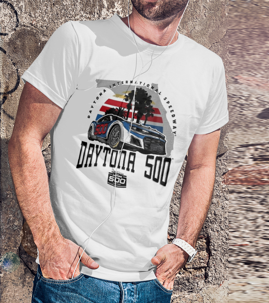 Daytona 500 Daytona International Speedway 2025 Racing Car Graphic With Palm Trees And Stripes T-Shirt