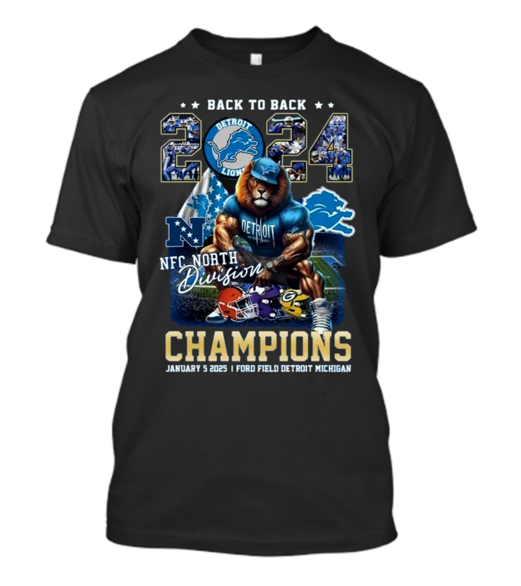 Back To Back 2024 NFC North Division Champions Detroit Lions January 5 2025 Ford Field Detroit Michigan T-Shirt
