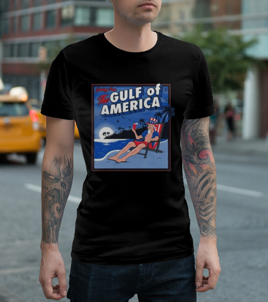 Greetings From The Gulf Of America Uncle Sam Beach Relaxation Night Palms T-Shirt