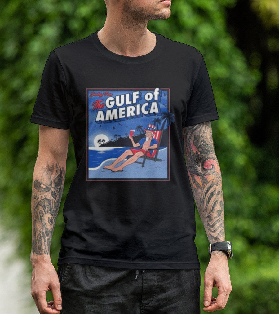 Greetings From The Gulf Of America Uncle Sam Beach Relaxation Night Palms T-Shirt