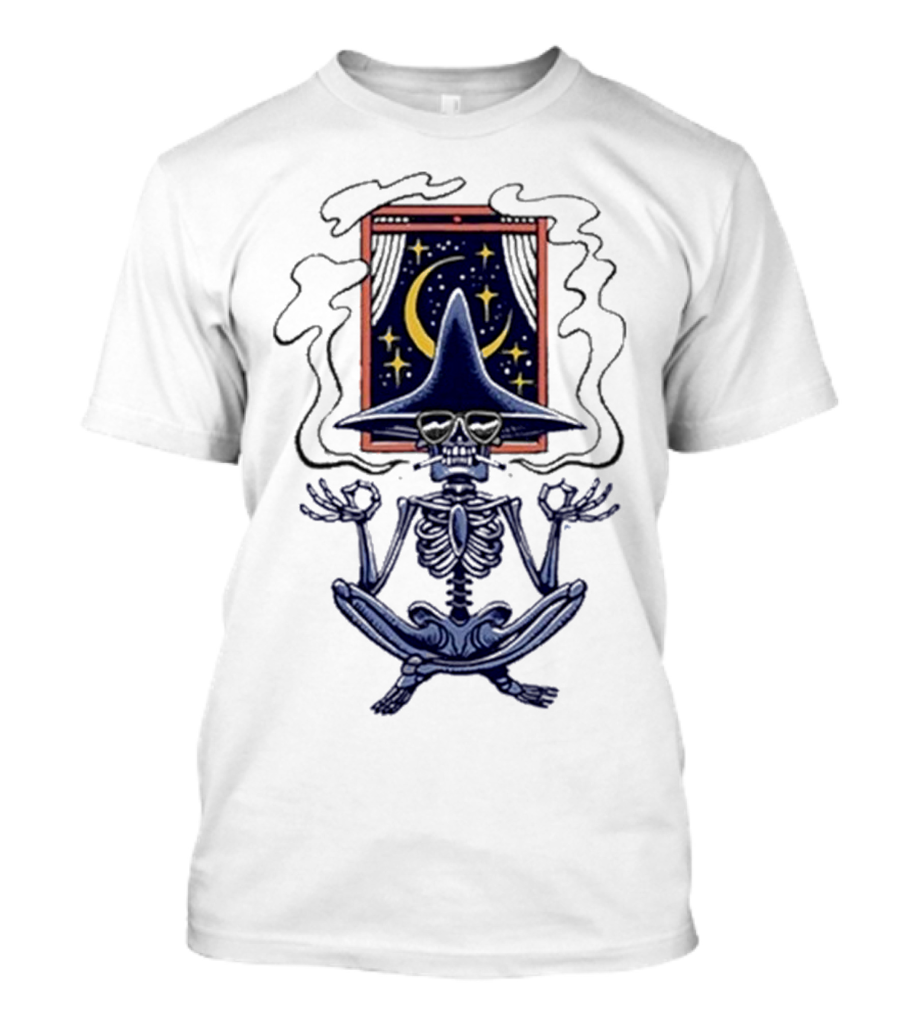 Johnny Blue Skies Namaste Tour Skeleton Meditating Under Moon And Stars T-Shirt