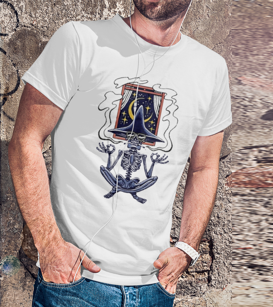 Johnny Blue Skies Namaste Tour Skeleton Meditating Under Moon And Stars T-Shirt