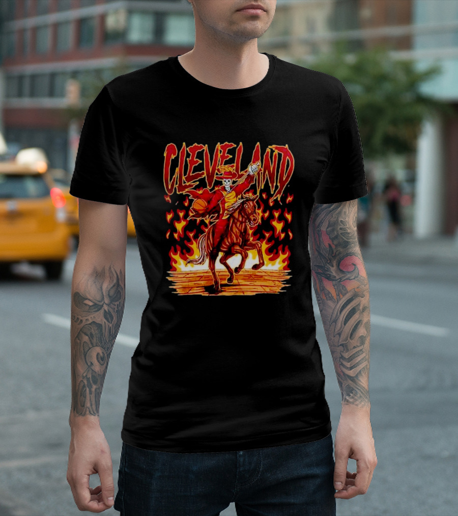 Cleveland Skeleton Player Basketball Rider On Flaming Horse T-Shirt