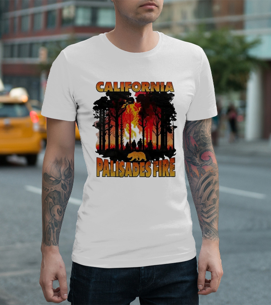 California Palisades Fire 2025 Forest Silhouette And Flames With Bear T-Shirt