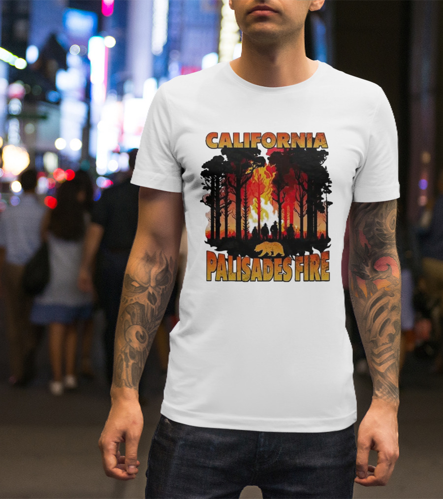 California Palisades Fire 2025 Forest Silhouette And Flames With Bear T-Shirt