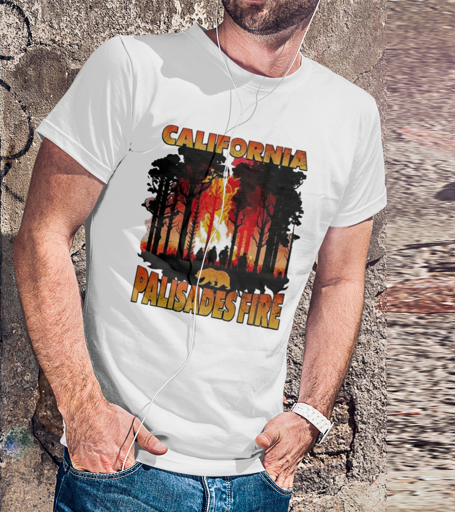 California Palisades Fire 2025 Forest Silhouette And Flames With Bear T-Shirt