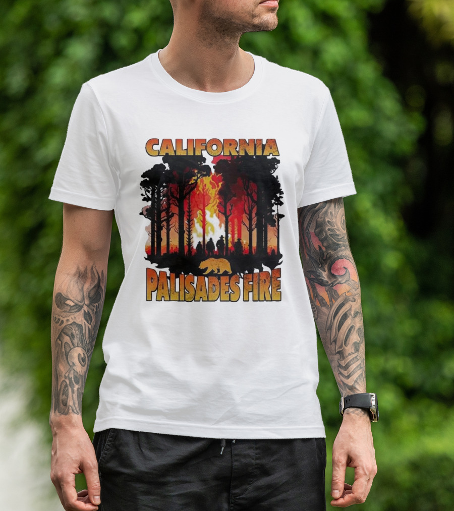 California Palisades Fire 2025 Forest Silhouette And Flames With Bear T-Shirt