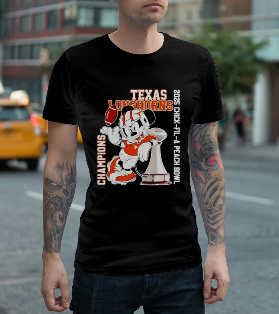 Texas Longhorns 2025 Chick-fil-A Peach Bowl Champions Mickey Mouse Football T-Shirt