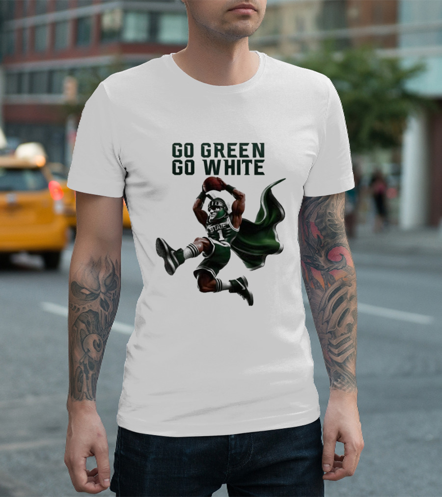 NCAA Michigan State Spartans Go Green Go White 2025 Mascot Dunking Basketball Player T-Shirt