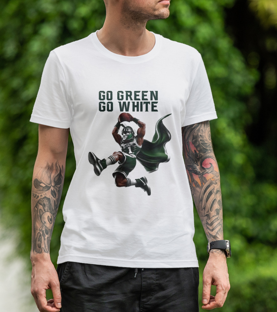 NCAA Michigan State Spartans Go Green Go White 2025 Mascot Dunking Basketball Player T-Shirt