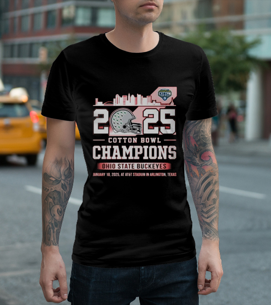 2025 Cotton Bowl Champions Ohio State Buckeyes Football Skyline Helmet January 10 AT&T Stadium Arlington Texas T-Shirt