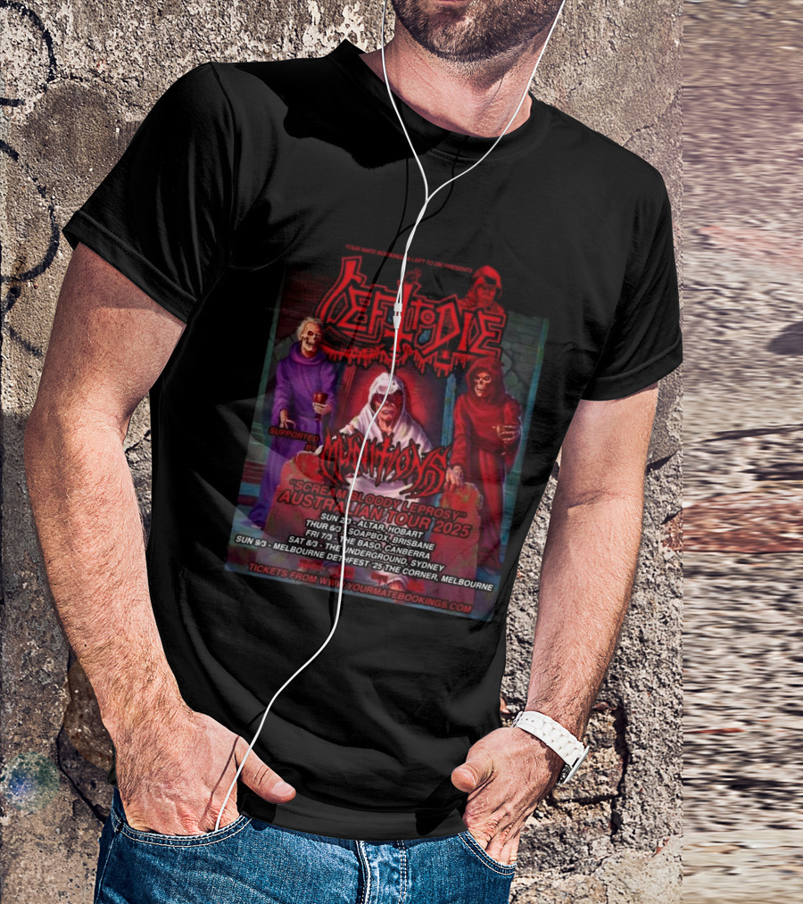 Your Mate Bookings Australian Tour 2025 Left To Die Scream Bloody Leprosy With Munitions T-Shirt
