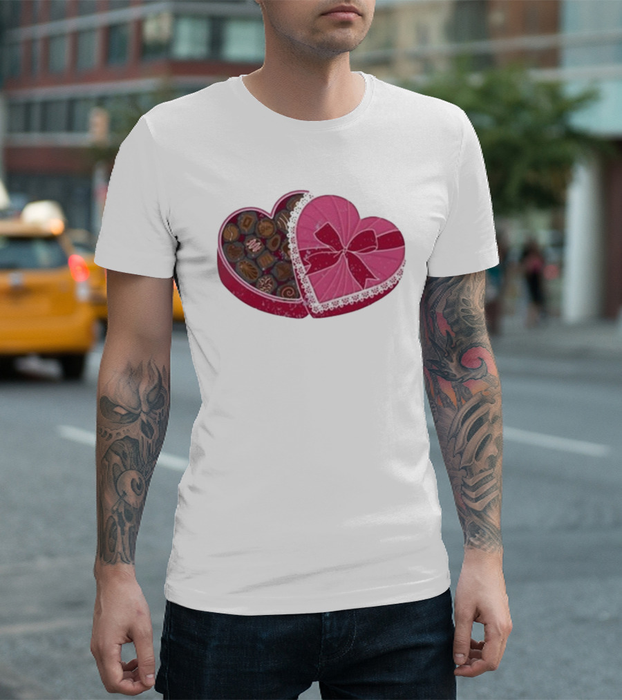 Mallory Ervin Heart Shaped Box of Chocolates with Pink Ribbon Lace T-Shirt