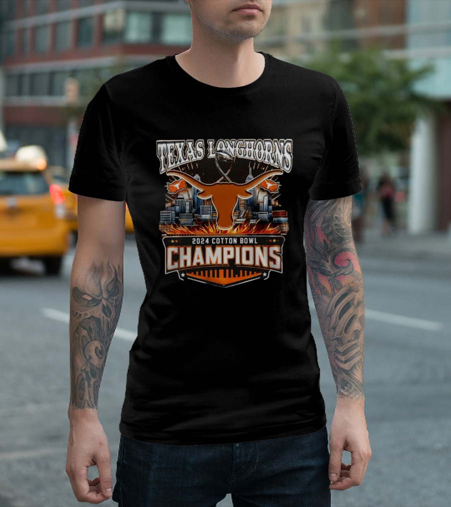 Texas Longhorns 2024 Cotton Bowl Champions Fire Skyline Basketball T-Shirt