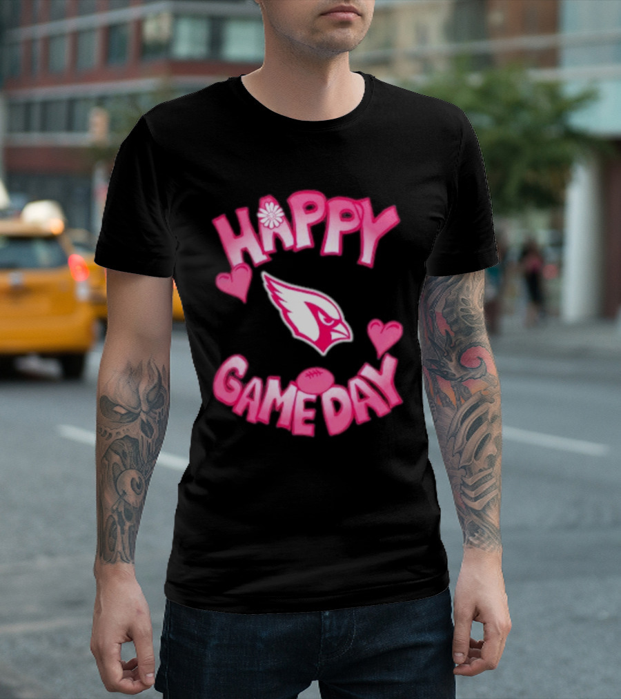 Valentine’s Day Arizona Cardinals Happy Gameday 2025 with Hearts and Football T-Shirt