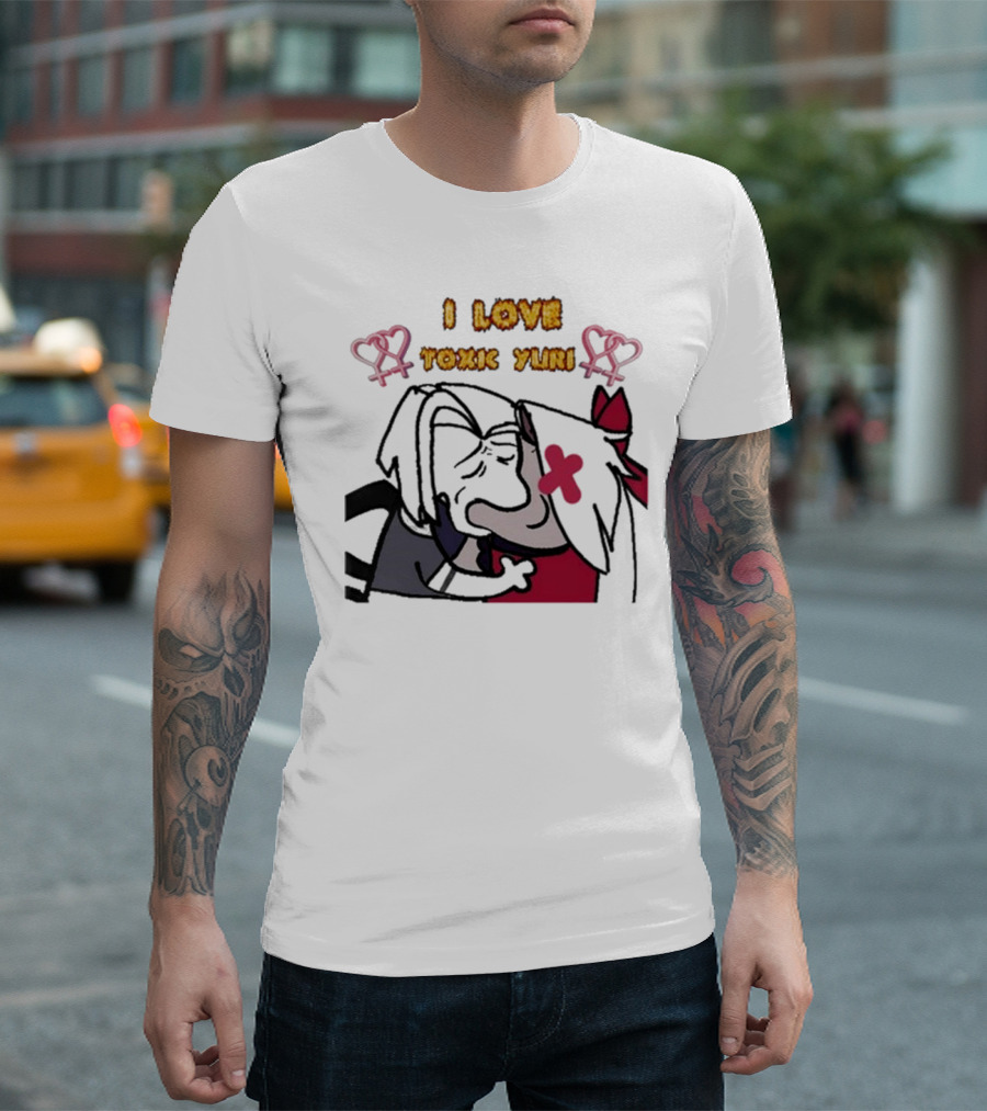 I Love Toxic Yuri Shitpost Fanart with Cartoon Characters Hugging T-Shirt
