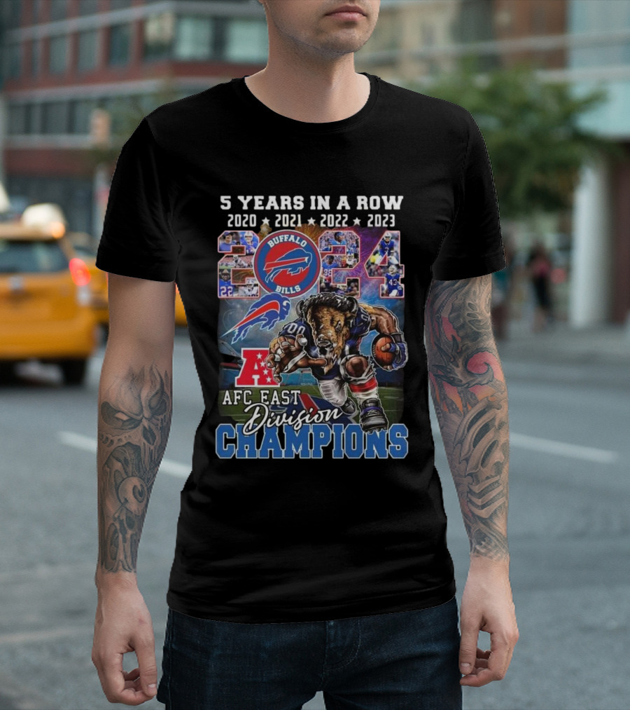5 Years In A Row 2024 Buffalo Bills AFC East Division Champions Mascot Football T-Shirt