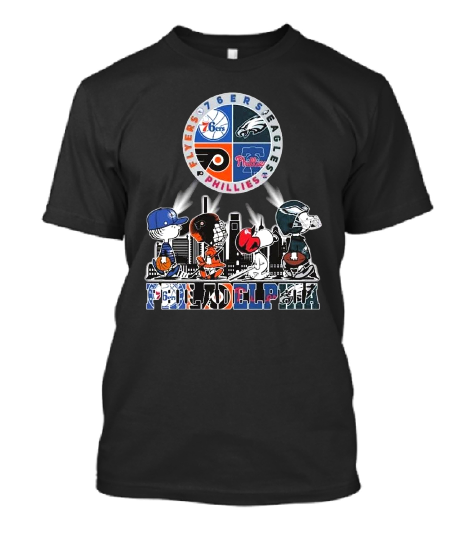 Peanuts Characters In Philadelphia Flyers 76ers Eagles Phillies Sports Mashup T-Shirt