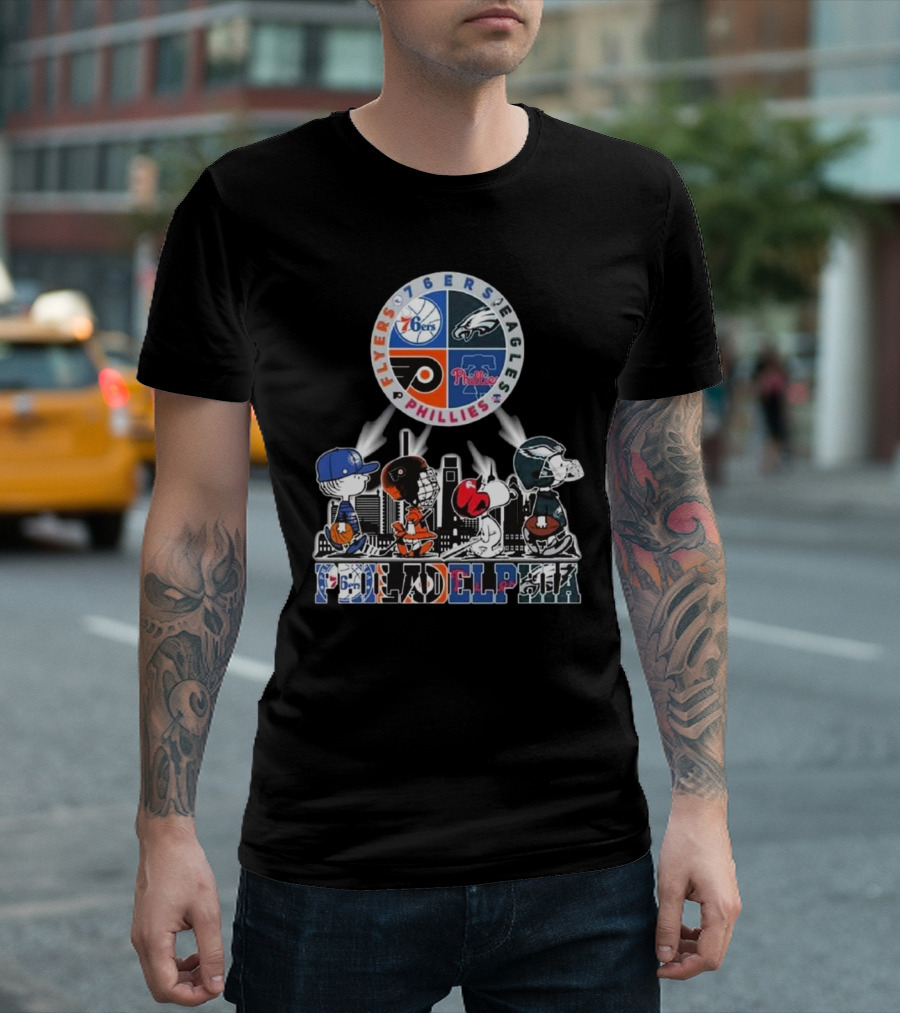 Peanuts Characters In Philadelphia Flyers 76ers Eagles Phillies Sports Mashup T-Shirt