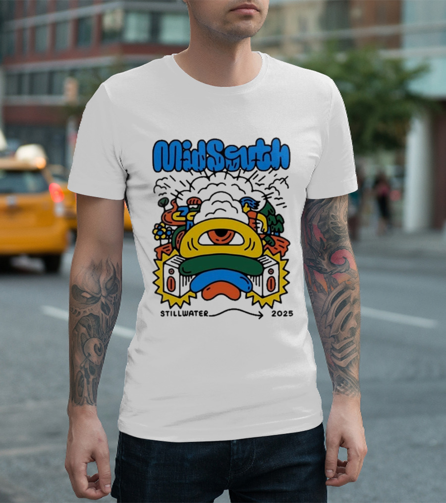 Mid South Stillwater 2025 Event Colorful Funky Cartoon Explosion T-Shirt