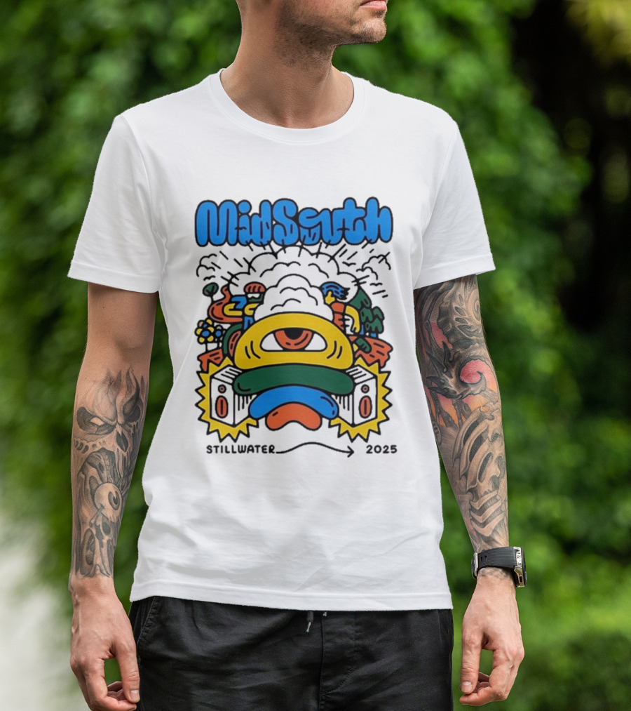 Mid South Stillwater 2025 Event Colorful Funky Cartoon Explosion T-Shirt