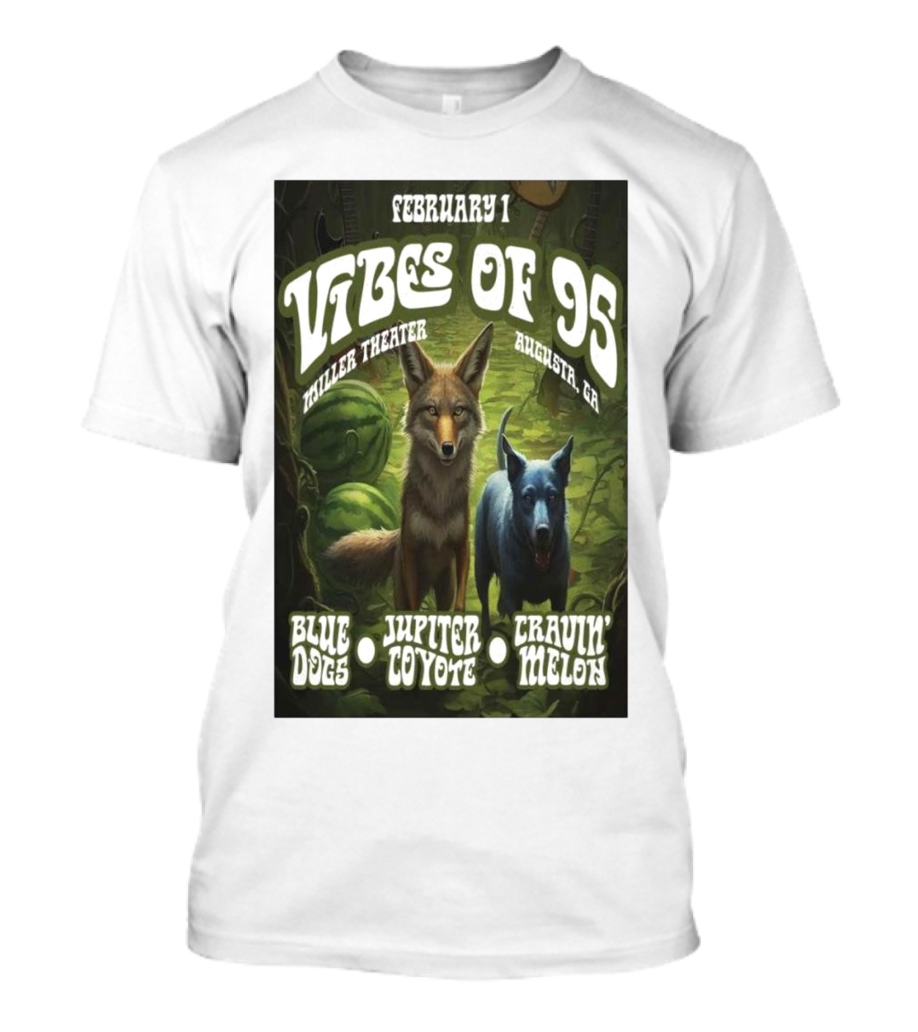 February 1 Vibes Of 95 Miller Theater Augusta GA Blue Dogs Jupiter Coyote Drivin' N' Cryin' Melon T-Shirt