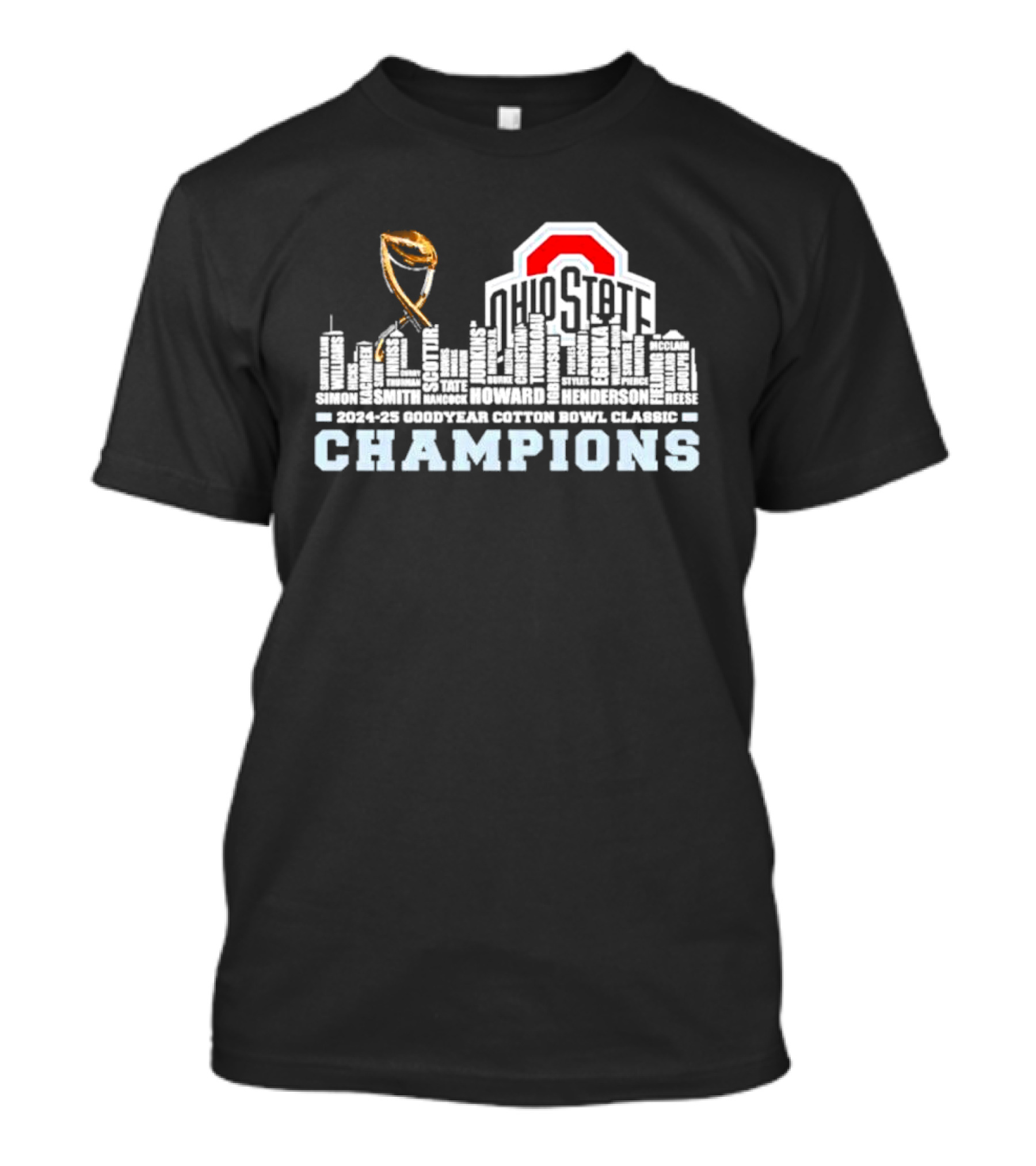 Ohio State Buckeyes 2024-25 Goodyear Cotton Bowl Classic Champions Trophy City Names T-Shirt