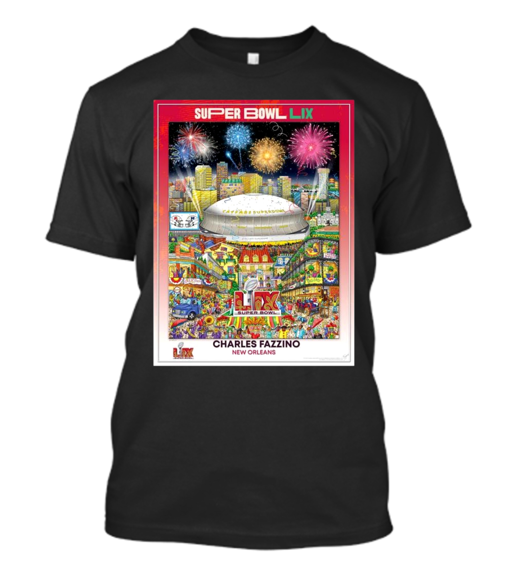 Super Bowl LIX New Orleans 2025 Charles Fazzino NFL Football Stadium Fireworks T-Shirt