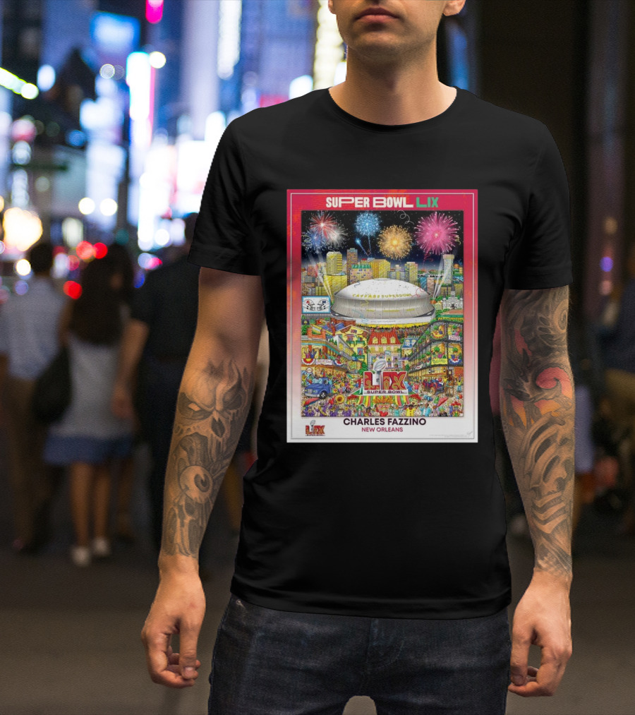Super Bowl LIX New Orleans 2025 Charles Fazzino NFL Football Stadium Fireworks T-Shirt