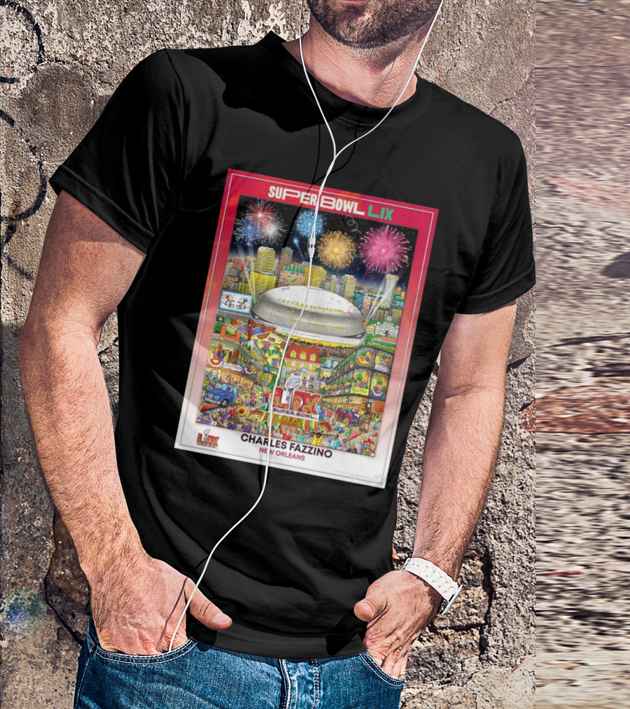 Super Bowl LIX New Orleans 2025 Charles Fazzino NFL Football Stadium Fireworks T-Shirt