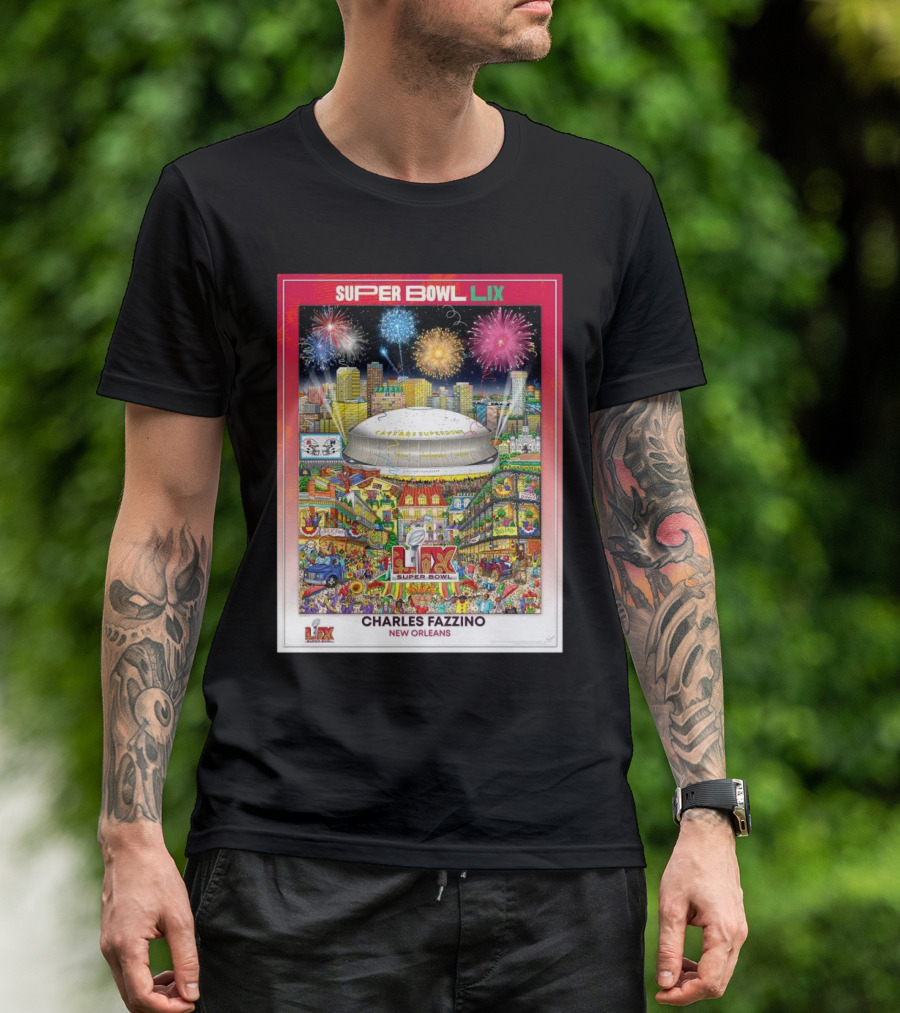 Super Bowl LIX New Orleans 2025 Charles Fazzino NFL Football Stadium Fireworks T-Shirt