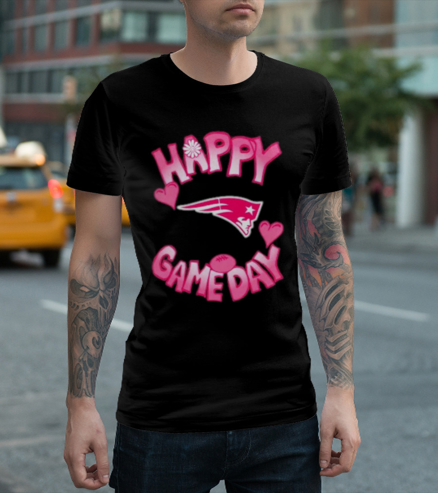 Valentine’s Day New England Patriots Happy Gameday 2025 with Hearts and Football T-Shirt