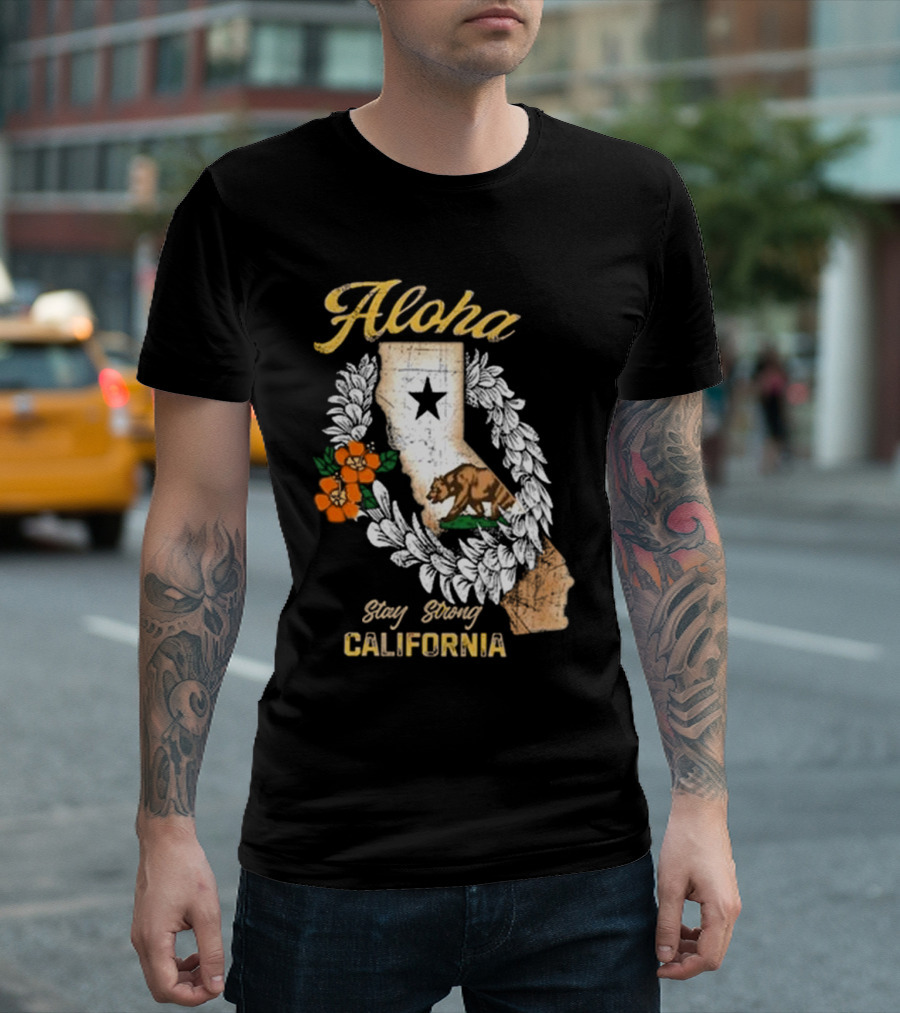 Aloha Stay Strong California Bear Star Map and Flower Garland T-Shirt