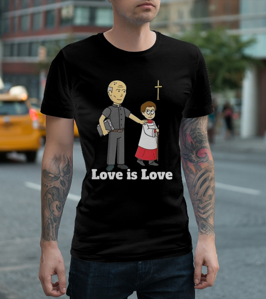 Love Is Love Priest Cartoon With Cross And Child T-Shirt