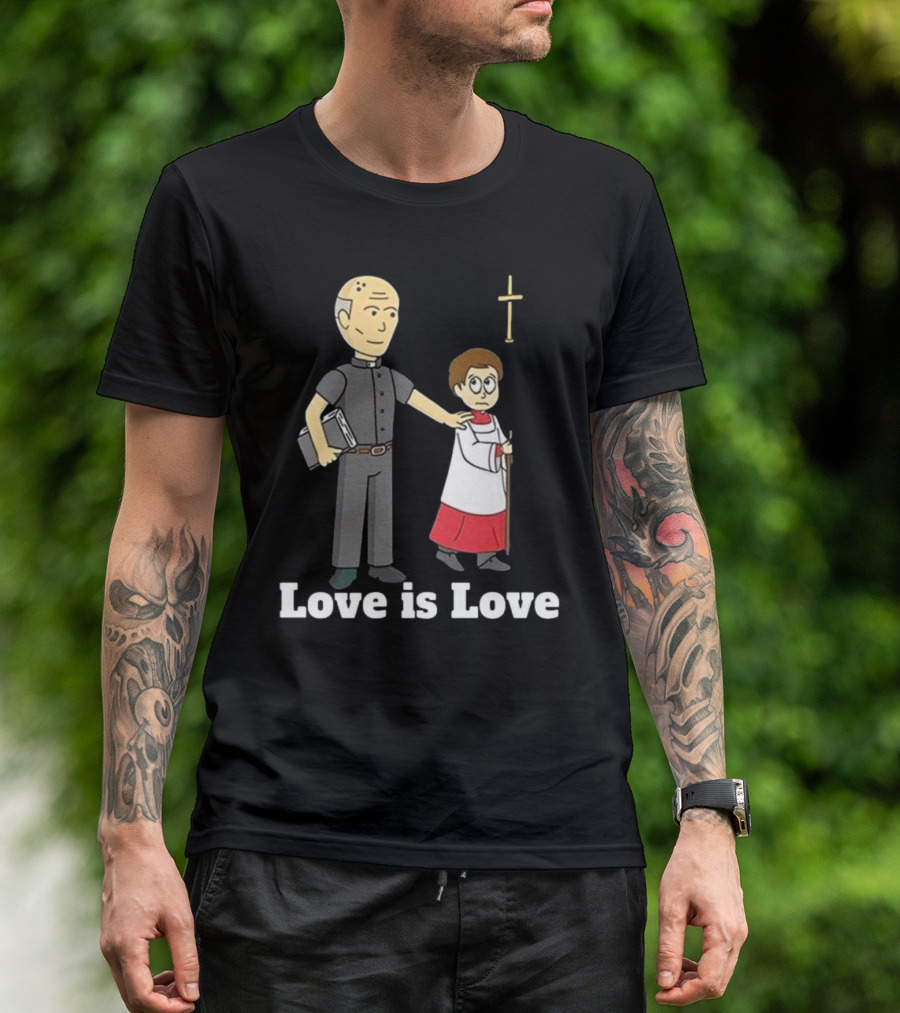 Love Is Love Priest Cartoon With Cross And Child T-Shirt