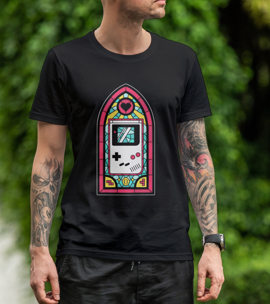 Game Boy 8-Bit Stained Glass Heart Coin Pixel Art Window T-Shirt
