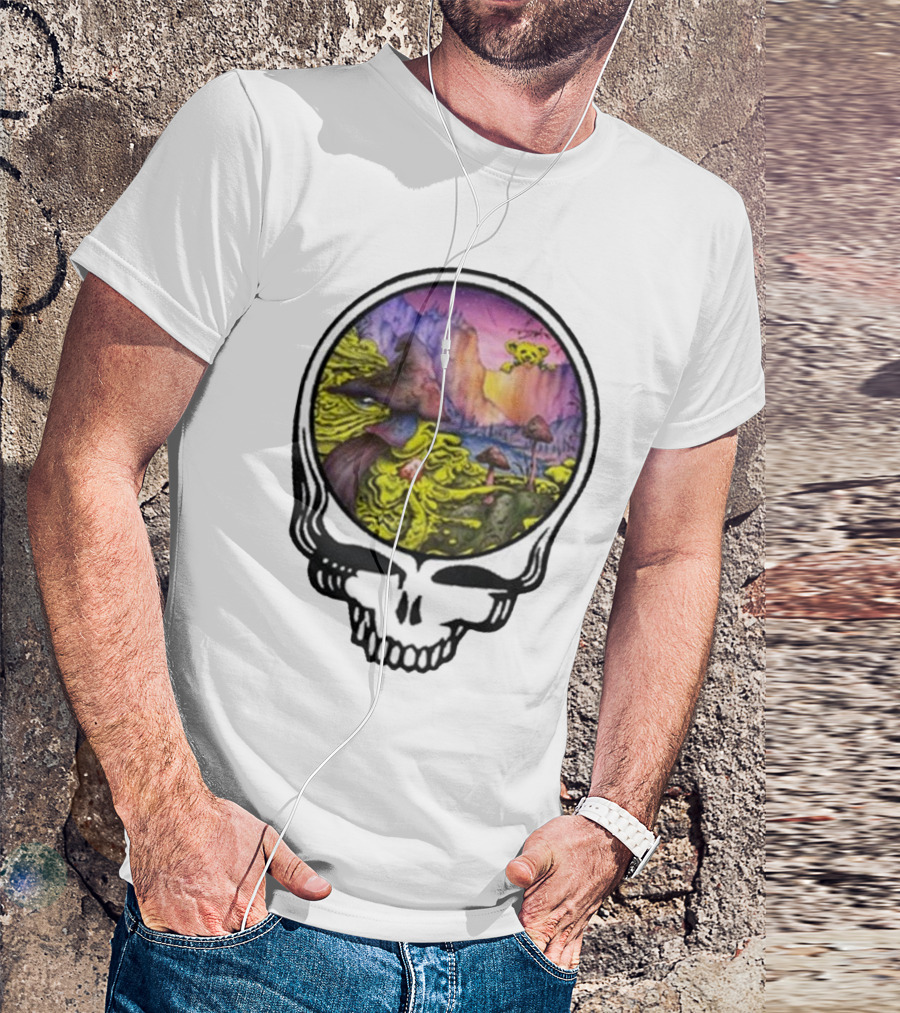 Grateful Dead Skull With Psychedelic Landscape And Mushrooms T-Shirt