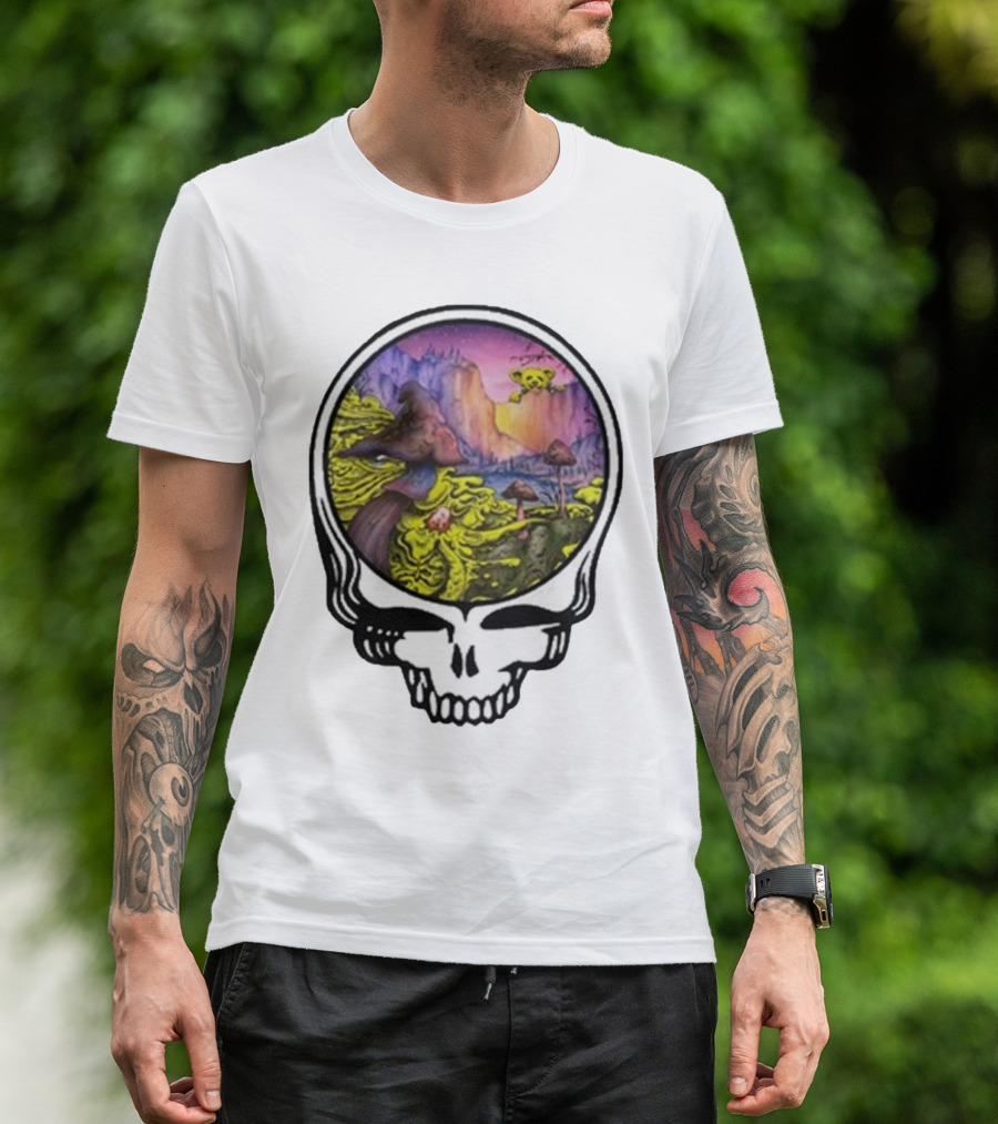 Grateful Dead Skull With Psychedelic Landscape And Mushrooms T-Shirt