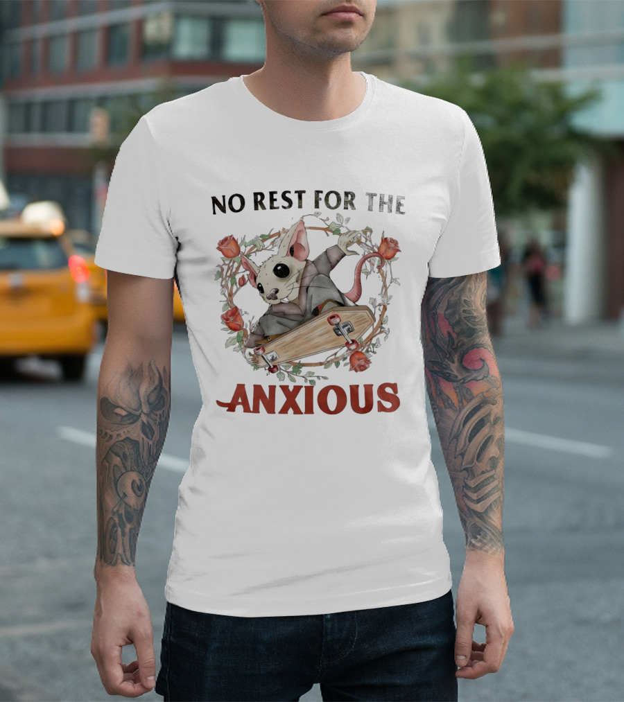 No Rest for the Anxious Rat in a Suit with Roses and Skateboard Coffin T-Shirt