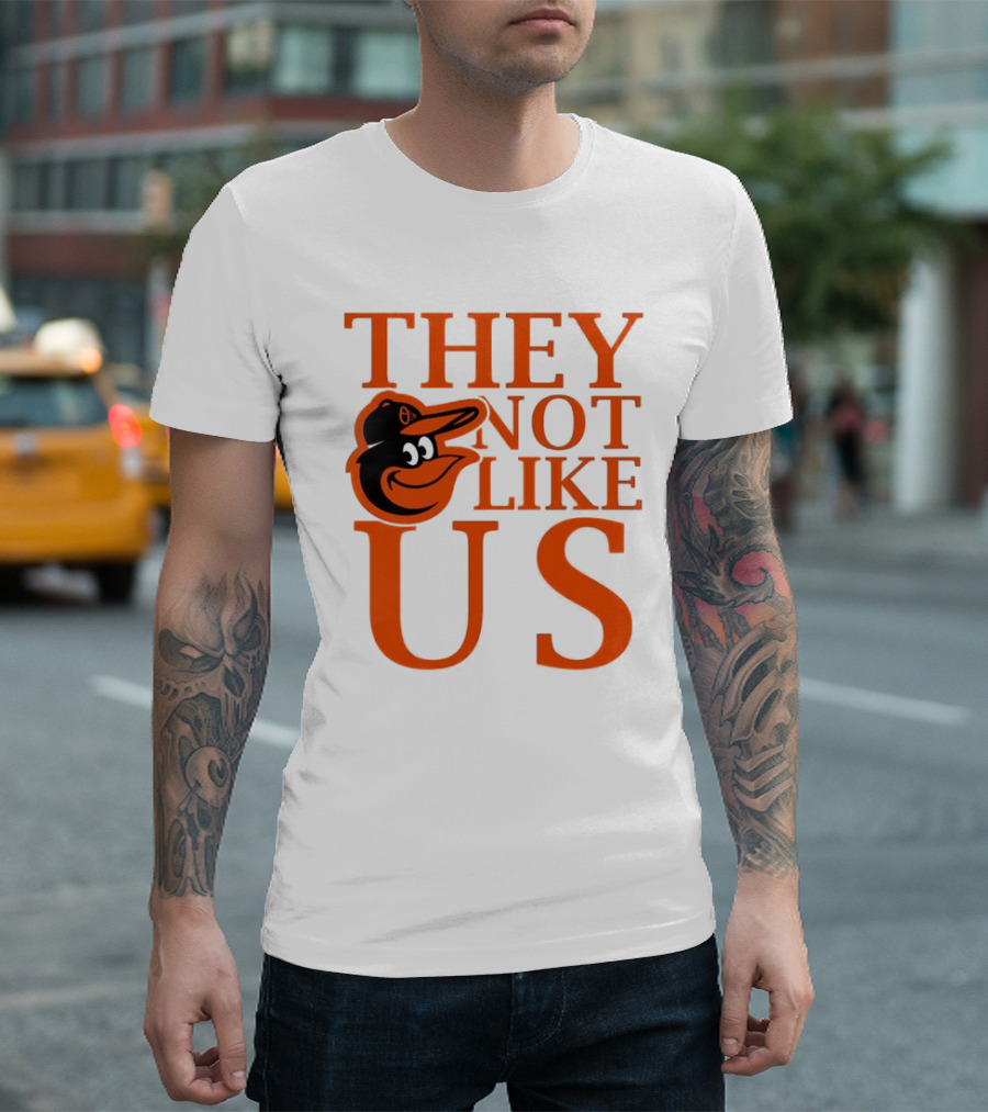 Baltimore Orioles They Not Like Us Bold Orange Text with Bird Graphic T-Shirt