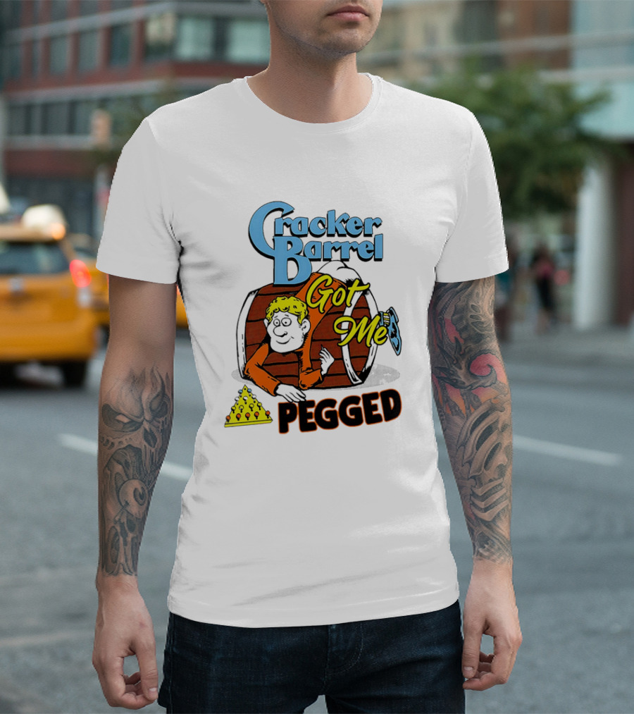 Cracker Barrel Got Me Pegged Cartoon Retro Style with Character and Cheese Icons T-Shirt