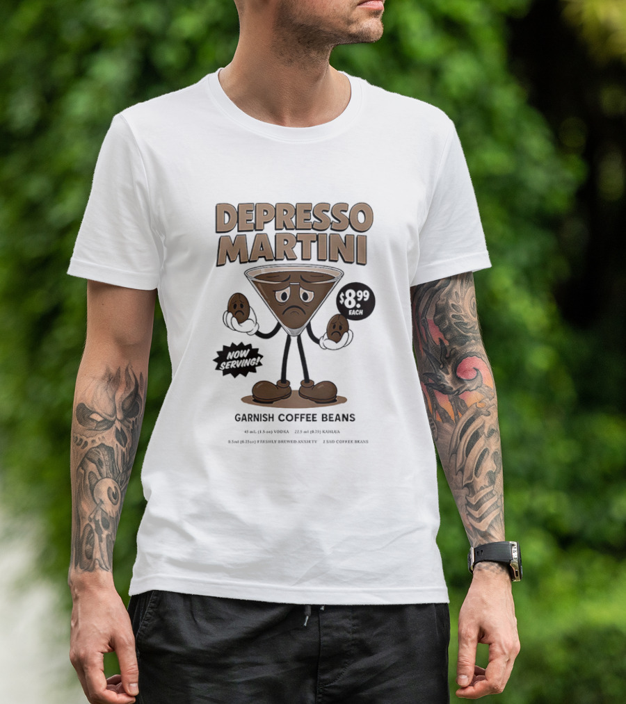 Depresso Martini Garnish Coffee Beans Cartoon Sad Face T-Shirt